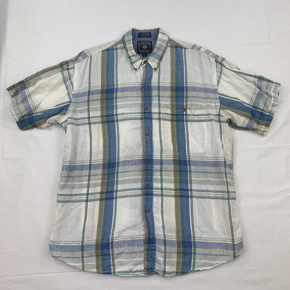Vintage Chaps Ralph Lauren Mens Short Sleeve Linen Blend Button Down Shirt Large